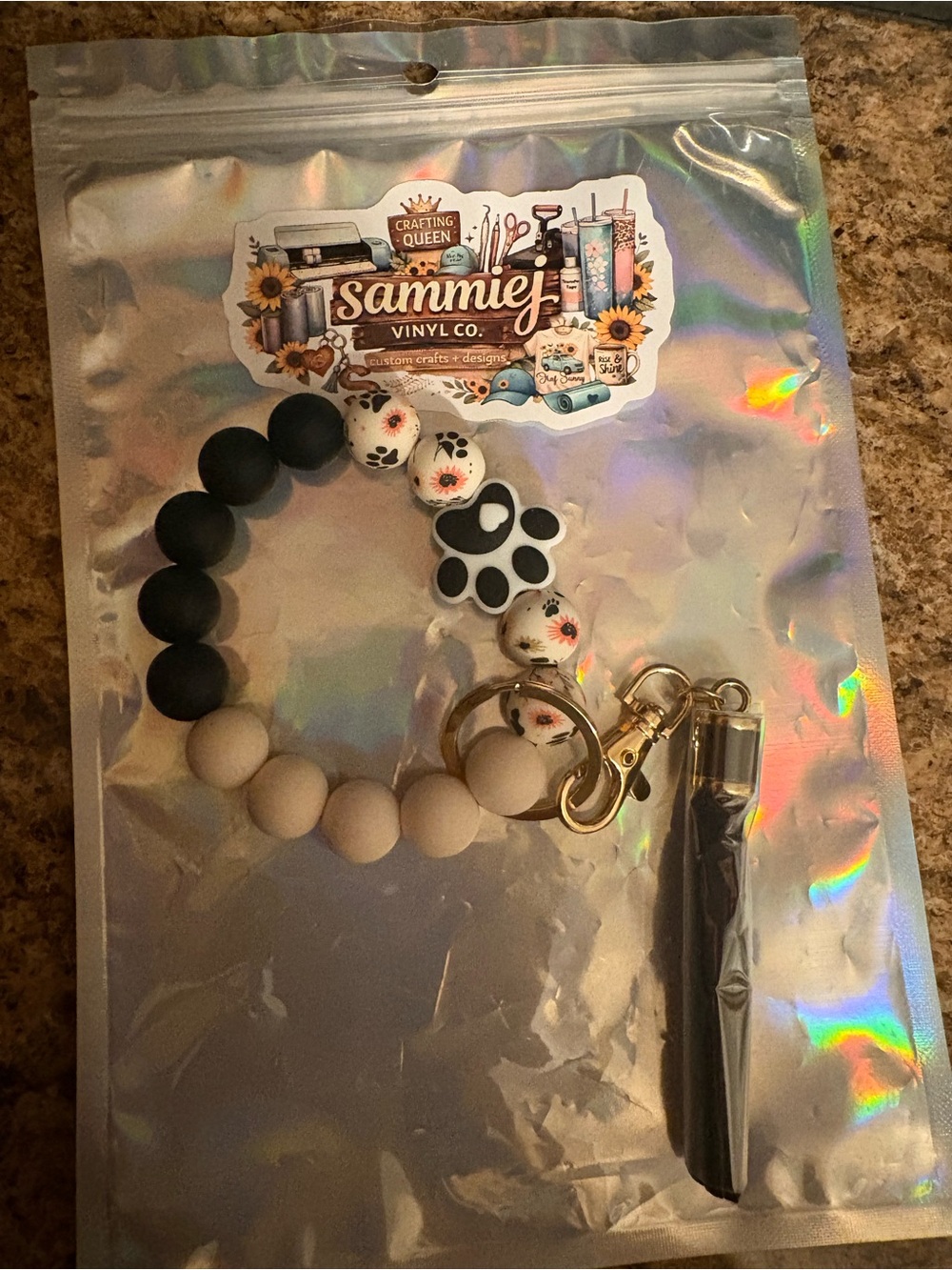 Paw Charm Beaded Keyring Wristlet — Black & Cream